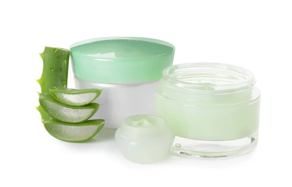 Jars Natural Cream Aloe Pieces White Background — Stock Photo, Image