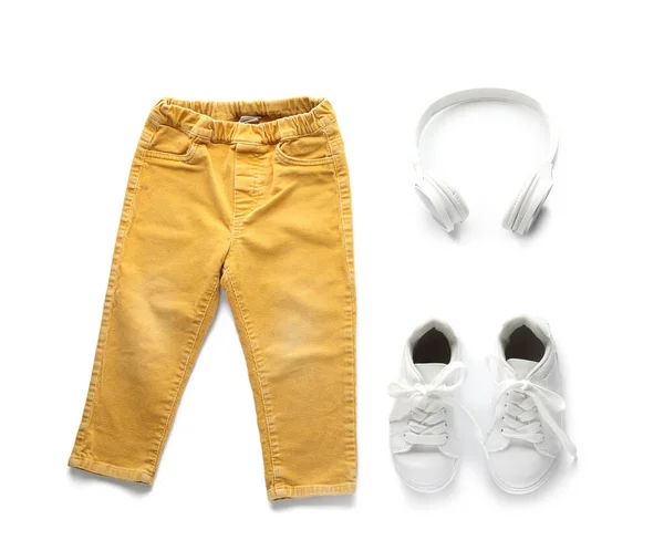 Child Pants Shoes Headphones White Background — Stock Photo, Image