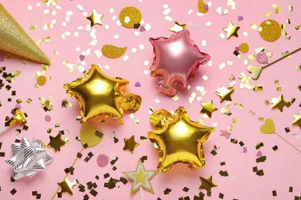 Balloons Shape Stars Confetti Color Background —  Fotos de Stock