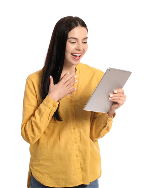 Beautiful Young Woman Tablet Computer White Background — Stock Photo, Image
