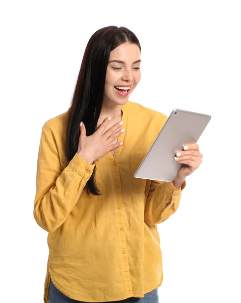 Bella Giovane Donna Con Tablet Computer Sfondo Bianco — Foto Stock