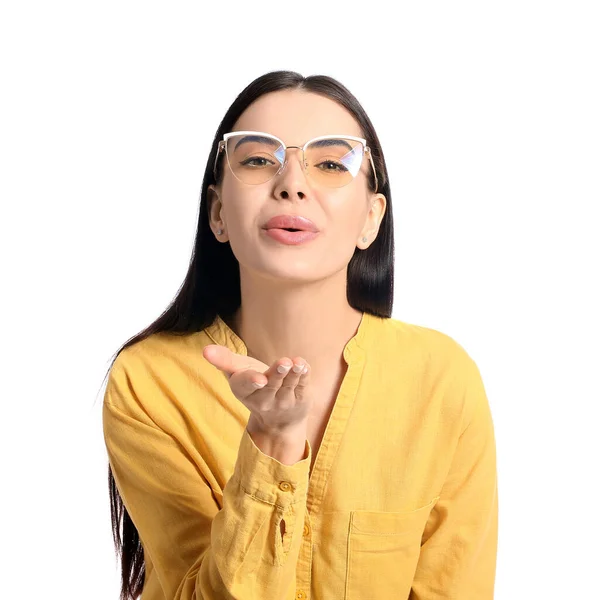 Beautiful Young Woman Wearing Stylish Sunglasses Blowing Kiss White Background — Stock Photo, Image