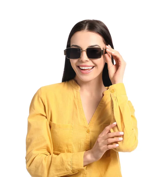 Beautiful Young Woman Wearing Stylish Sunglasses White Background — Stock Photo, Image