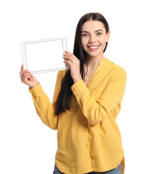 Beautiful Young Woman Tablet Computer White Background — Stock Photo, Image