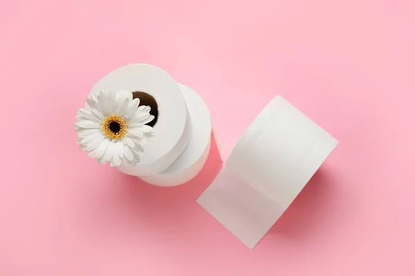 Rolls of toilet paper and flower on color background