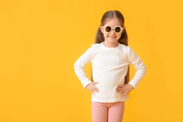 Cute Little Girl Wearing Stylish Sunglasses Color Background — Stock Photo, Image