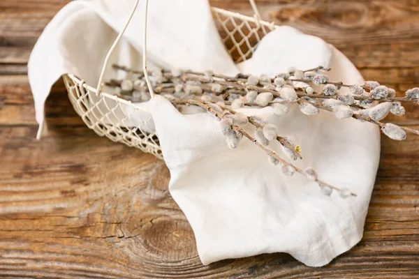 Basket Willow Branches Wooden Table — Stock Photo, Image