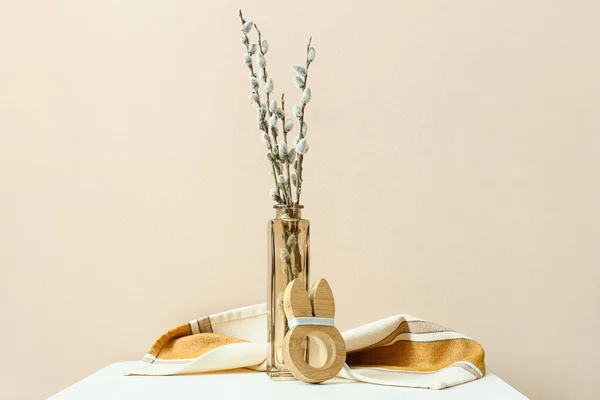 Vase Willow Branches Wooden Bunny Table — Foto de Stock