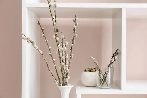 Shelf Unit Willow Branches Quail Eggs Light Wall — Foto de Stock