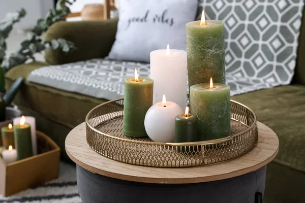 Burning Candles Table Interior Stylish Living Room Closeup — Stock Photo, Image