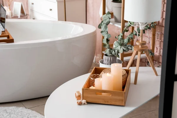 Box Burning Candles Table Bathroom — Stock Photo, Image