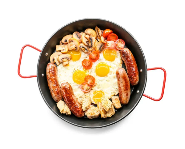 Frying Pan Tasty Breakfast White Background — Stock Photo, Image