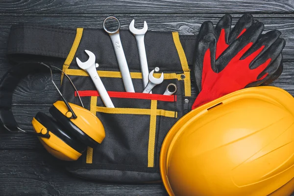 Bag Safety Equipment Wooden Background — Stock Photo, Image