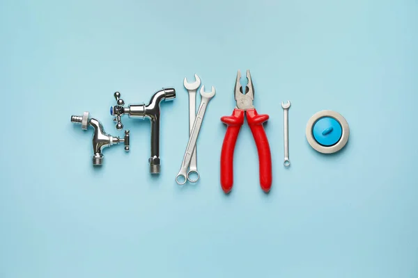Set Plumber Items Color Background — Stock Photo, Image