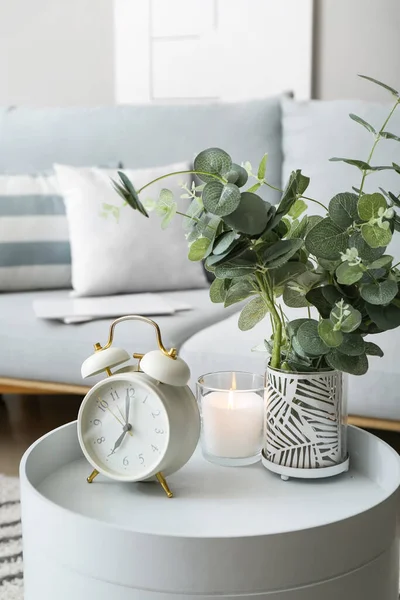 Alarm Clock Candle Houseplant Table Room — Stock Photo, Image