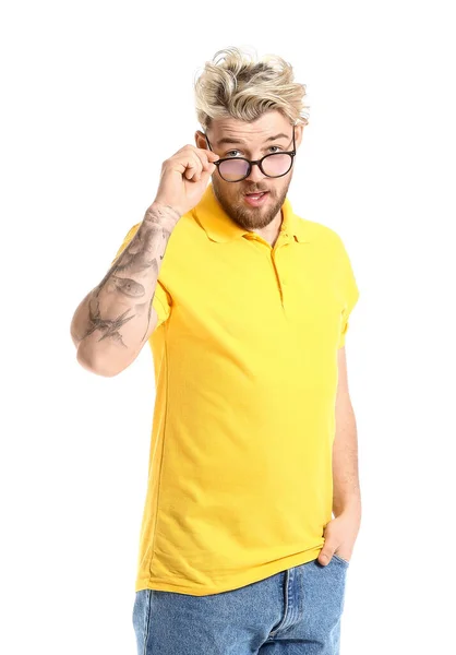 Unge Mann Med Briller Hvit Bakgrunn – stockfoto