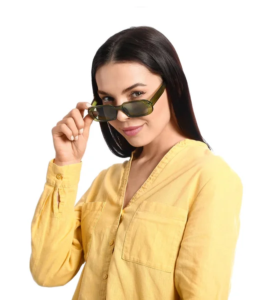 Beautiful Young Woman Wearing Stylish Sunglasses White Background — Stock Photo, Image