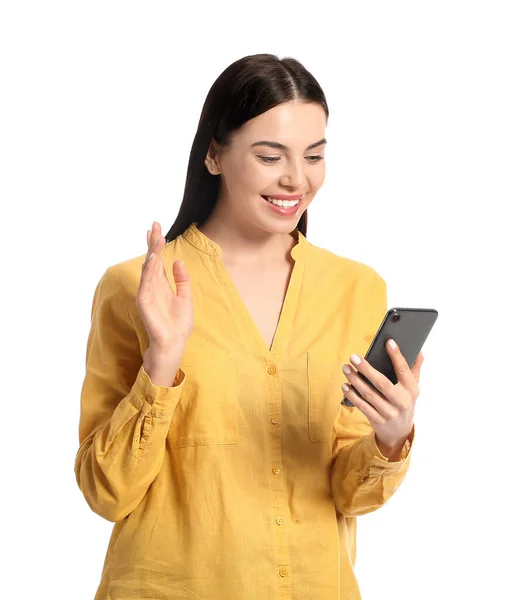 Hermosa Mujer Joven Con Teléfono Móvil Sobre Fondo Blanco — Foto de Stock