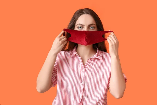 Young Woman Wearing Medical Mask Color Background — Stock Photo, Image