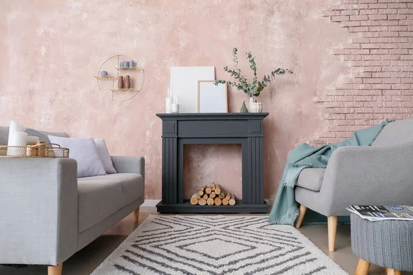 Stylish Interior Modern Living Room Fireplace — Stock Photo, Image