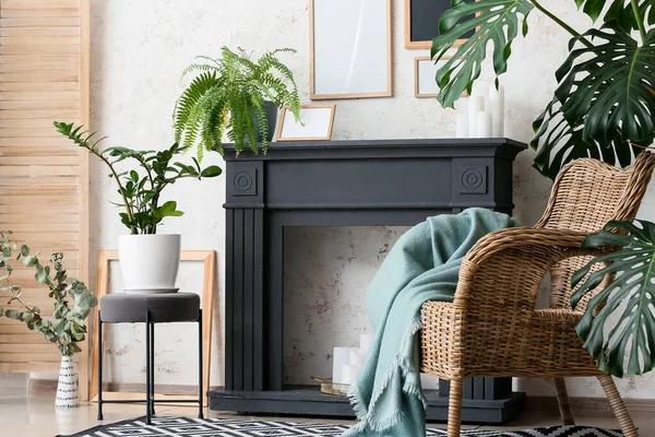 Stylish Interior Modern Living Room Fireplace Houseplants — Stock Photo, Image