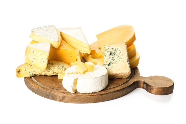 Board Different Types Cheese White Background — Stock Photo, Image