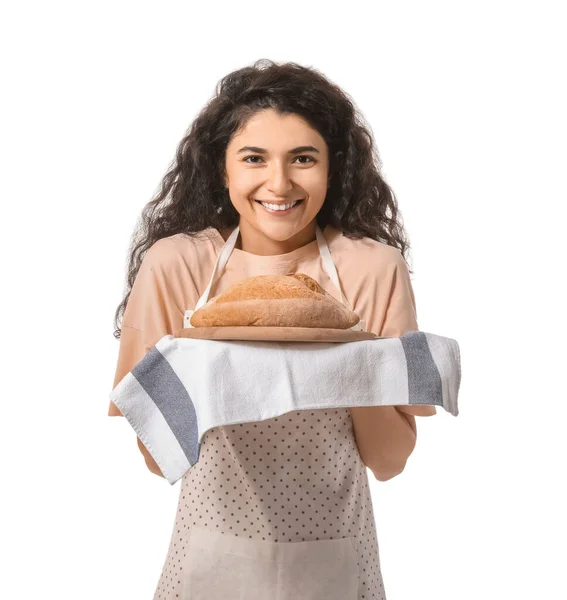 Mulher Bonita Com Pão Fresco Fundo Branco — Fotografia de Stock