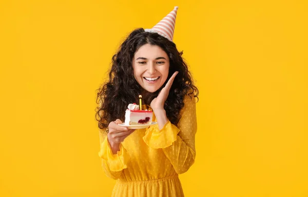 Beautiful Woman Celebrating Birthday Color Background — Stock Photo, Image