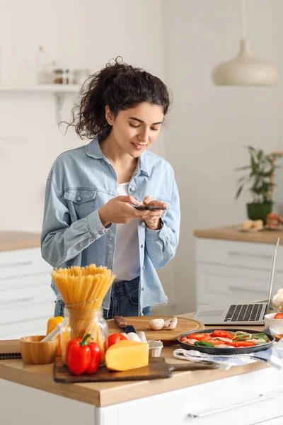 Young Woman Taking Photo Fresh Mushrooms Kitchen — Stock Photo, Image