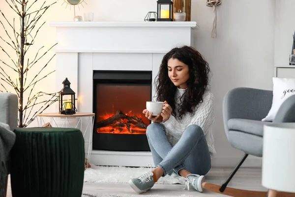 Beautiful Woman Drinking Tea Fireplace Home — Stock Photo, Image