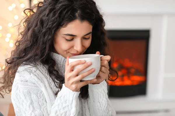 Beautiful Woman Drinking Tea Fireplace Home — Stock Photo, Image