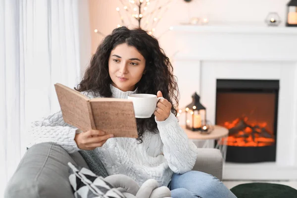 Beautiful Woman Drinking Tea Reading Book Fireplace Home — Stock Photo, Image