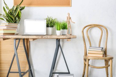 Odanın içinde kitaplar ve ev bitkileri olan rahat bir iş yeri.