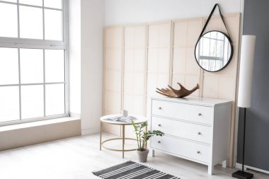 Aynalı ve çekmeceli modern bir oda.