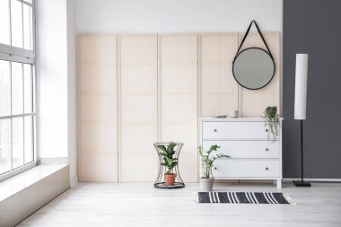 Aynalı ve çekmeceli modern bir oda.