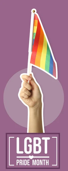 虹の旗とテキスト付きの手 Lgbtプライド月間のカラー背景 — ストック写真