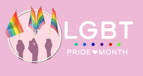 Mani Con Bandiere Arcobaleno Testo Lgbt Pride Mese Sfondo Colori — Foto Stock