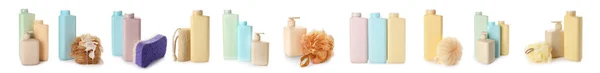 Set Bottiglie Con Shampoo Naturale Sfondo Bianco — Foto Stock