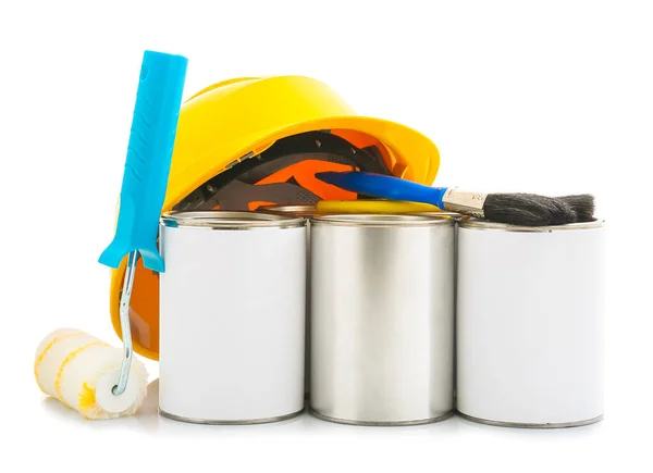 Cans Paints Tools White Background — Stock Photo, Image