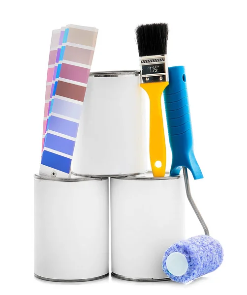 Cans Paints Tools White Background — Stock Photo, Image