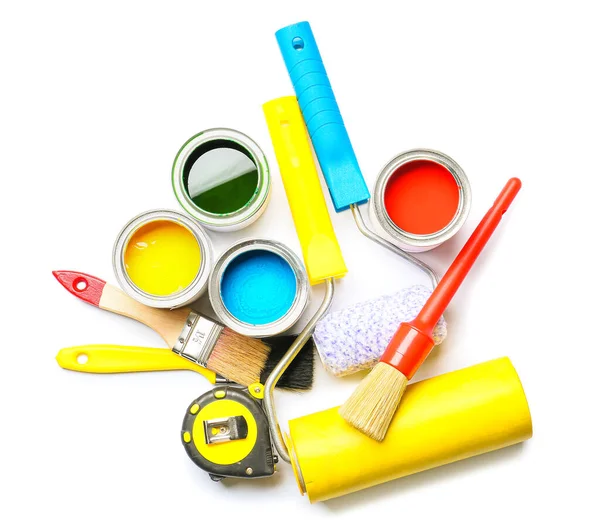 Cans Paints Tools White Background — Stock Photo, Image