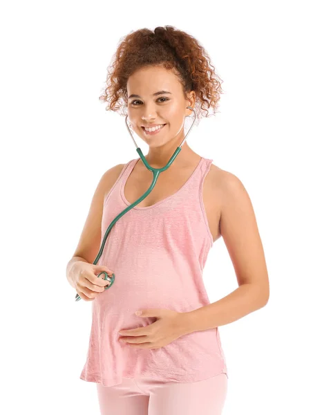 Gravid Kvinna Med Stetoskop Lyssna Baby Vit Bakgrund — Stockfoto