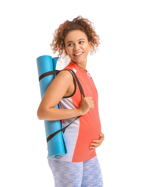 Pregnant African American Woman Yoga Mat White Background — Stock Photo, Image