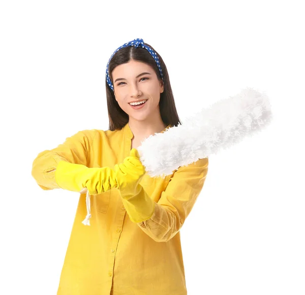 Young Woman Dust Brush White Background — Stock Photo, Image