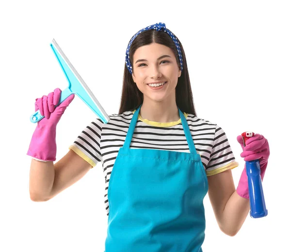Mujer Joven Con Detergente Escobilla Sobre Fondo Blanco — Foto de Stock