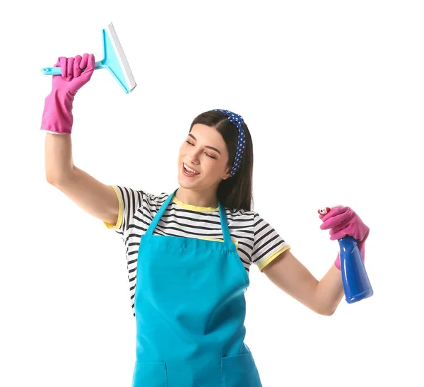 Młoda Kobieta Detergentem Wycieraczką Białym Tle — Zdjęcie stockowe