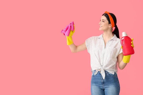 Young Woman Cleaning Supplies Color Background — Stock Photo, Image