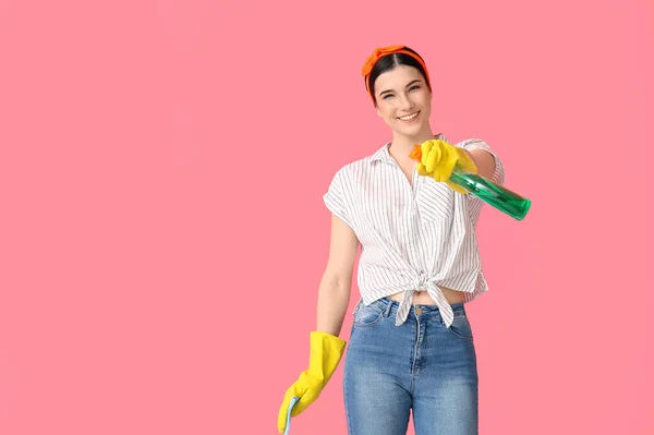 Young Woman Cleaning Supplies Color Background — Stock Photo, Image