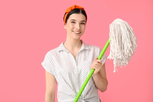 Young Woman Floor Mop Color Background — Stock Photo, Image