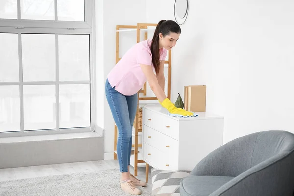 Young Woman Cleaning Chest Drawers Room — Stock Photo, Image